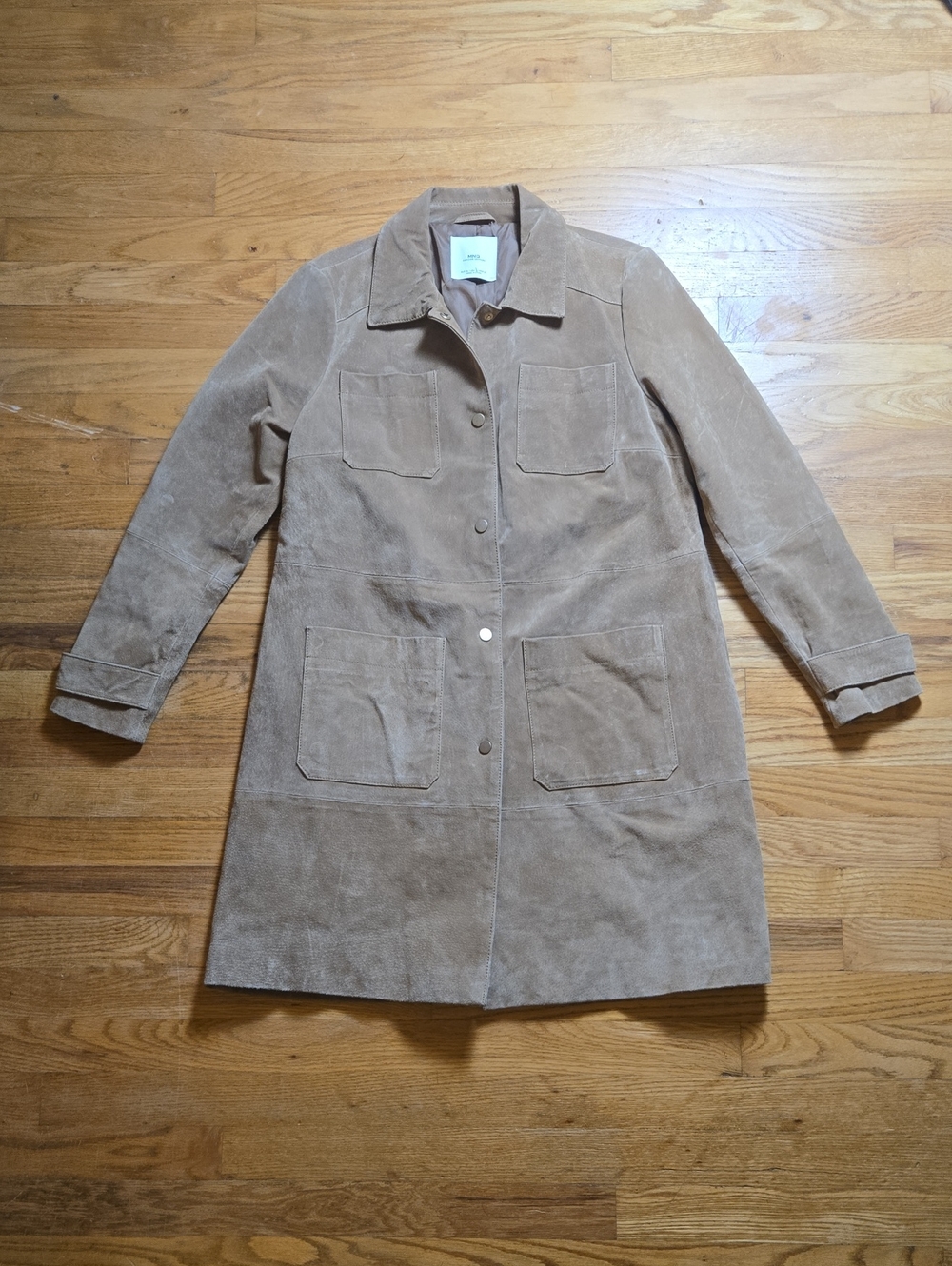 Mango MNG tan safari long 100% Pigskin leather snap-front trench jacket